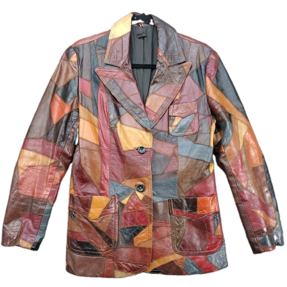 VTG 1970s Bohemian/Hippie Patchwork Colorful Leather Coat/Jacket Medium 13/14